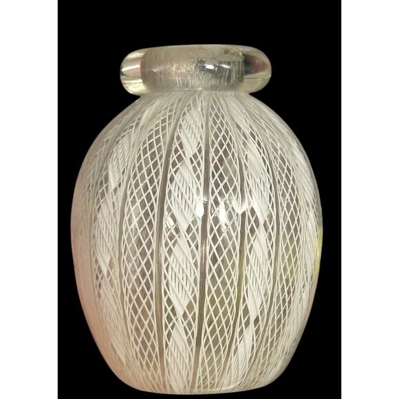 Vintage Murano Venetian Glass White Latticino Adventurine 2 7/8" Miniature Vase - Picture 8 of 8